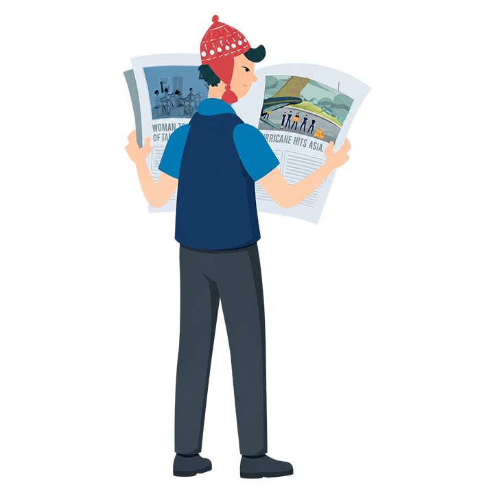 Man in blue vest reading newspaper